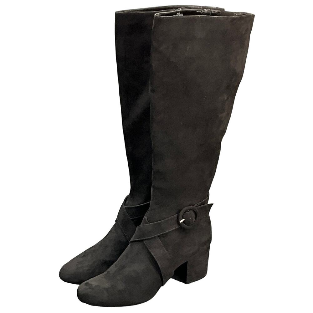 Nine West Black Faux Suede Cross Strap Block Heel Tall Riding Boot Women 8.5